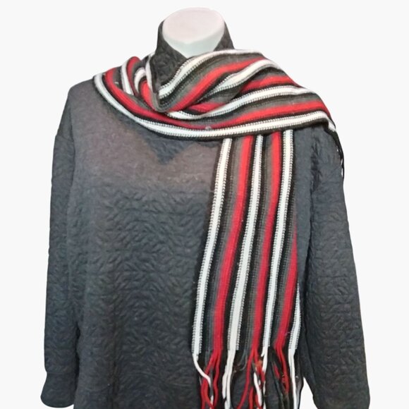 Striped Knit Scarf Fringe Red Black White Handcrafted Unisex Long Warm Winter - Picture 3 of 4